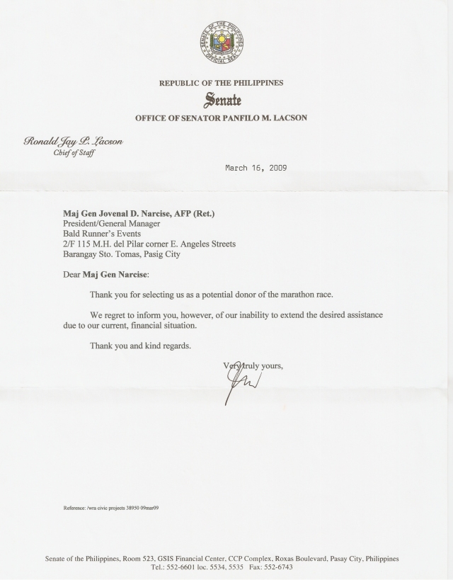 Senator Panfilo Lacson's Letter of Response
