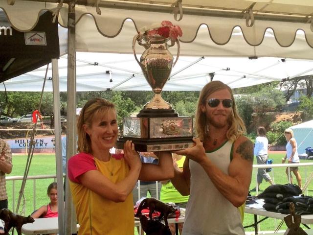 Timothy Olson & Pam Smith With The WS100 Championship Cougar Trophy (Photo Courtesy of IRunFar.com)